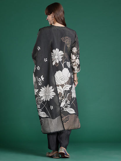 Floral Printed Regular Beads and Stones Kurta with Trousers & Dupatta