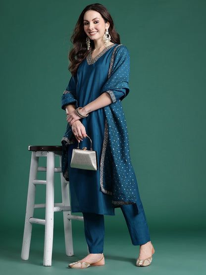 Embroidered Sequinned Kurta with Trousers & With Dupatta