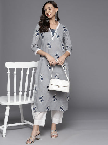 Dhiyona IE Women Grey & Blue Floral Printed Pure Cotton Kurta