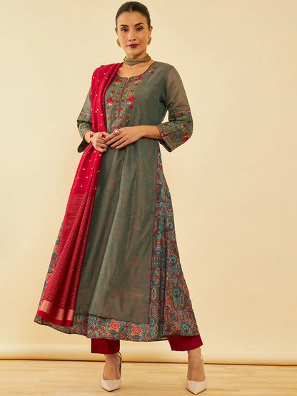 Dhiyona SO Women's Grey Floral Embroidered Layered Thread Work A-Line Kurta With Trousers & Dupatta