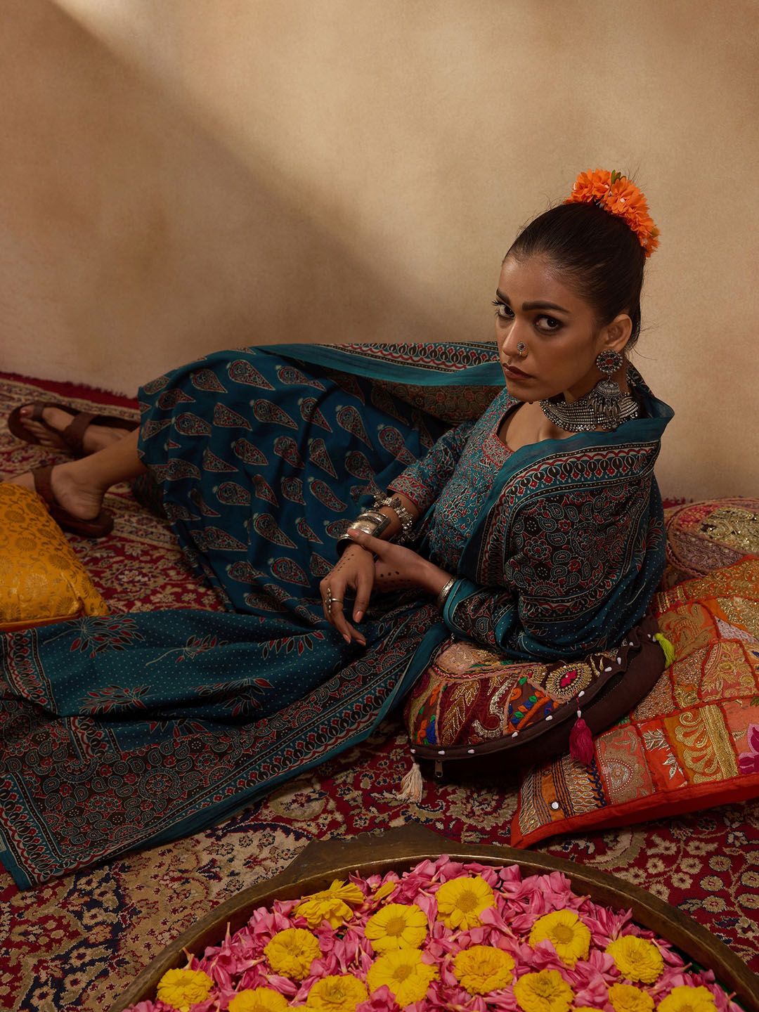 Dhiyona IE Floral Printed Empire Pure Cotton A-Line Kurta with Trousers & Dupatta