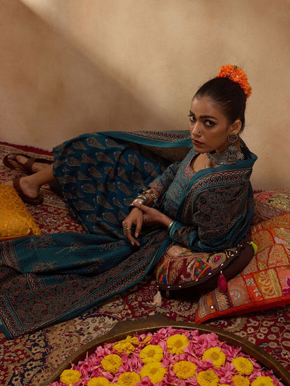 Dhiyona IE Floral Printed Empire Pure Cotton A-Line Kurta with Trousers & Dupatta