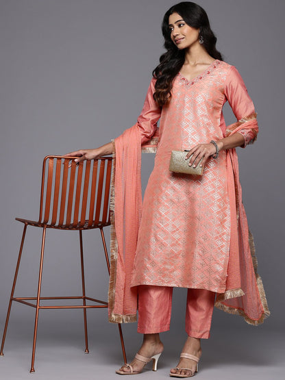 Dhiyona VA Women'sWoven Design Zari Kurta With Trousers & Dupatta