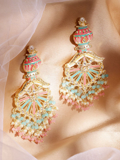 Dhiyona RJ Women's 22K Gold-Plated Multicolor Enamel with Mint Green and Pastel Pink Beaded Chandelier