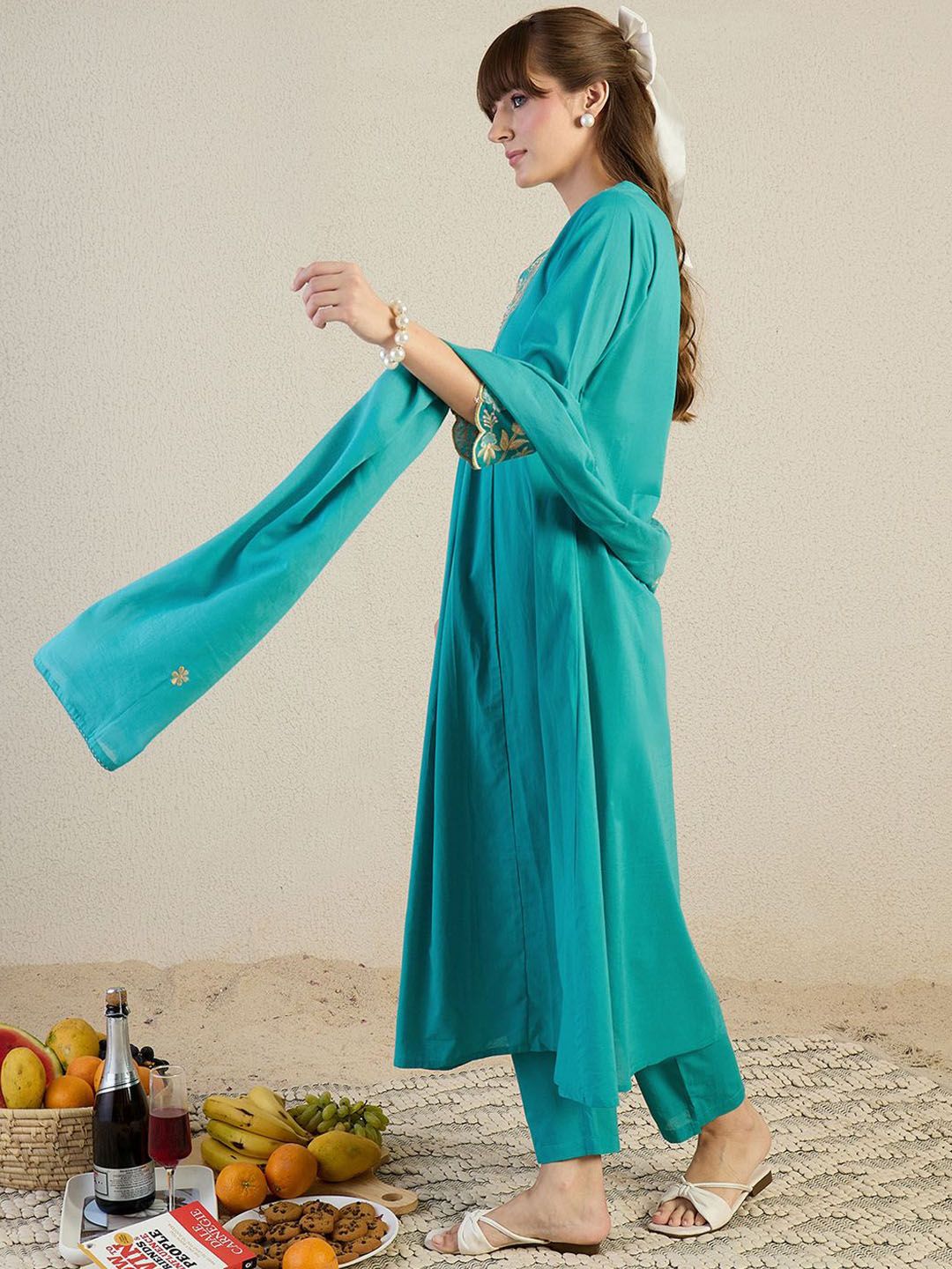 Dhiyona IE Women Embroidered Beads & Stones Pure Cotton Kurta with Trousers & Dupatta