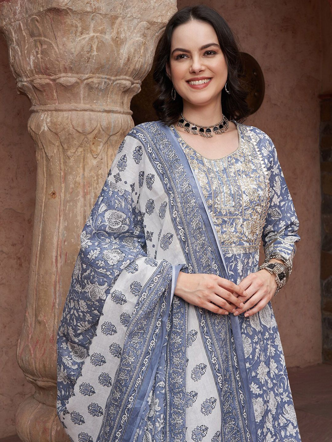 Dhiyona SN Women's Blue Printed Thread Work Pure Cotton Empire A-Line Kurta with Trousers & Dupatta