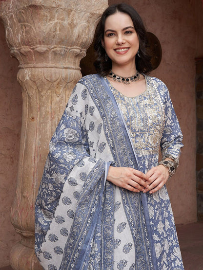 Dhiyona SN Women's Blue Printed Thread Work Pure Cotton Empire A-Line Kurta with Trousers & Dupatta