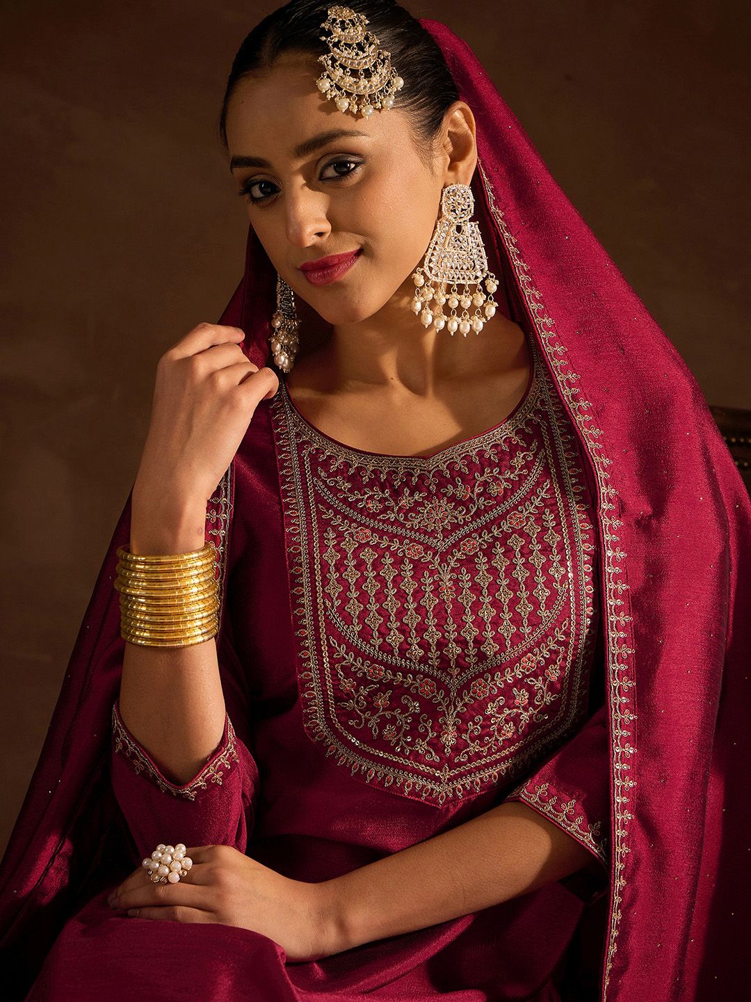 Maroon Ethnic Motifs Embroidered Regular Sequinned Kurta with Trousers & Dupatta