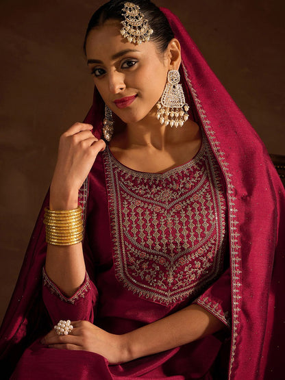 Maroon Ethnic Motifs Embroidered Regular Sequinned Kurta with Trousers & Dupatta