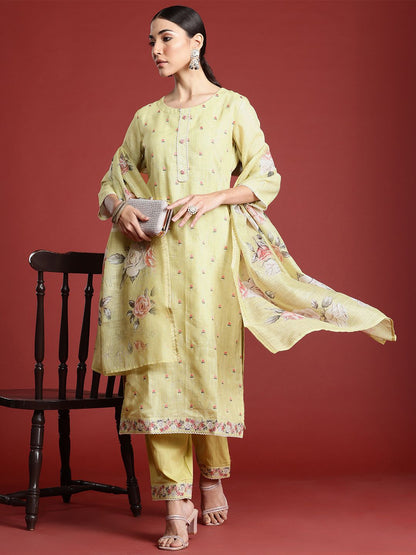 Floral Embroidered Thread Work Linen Kurta with Trousers & With Dupatta