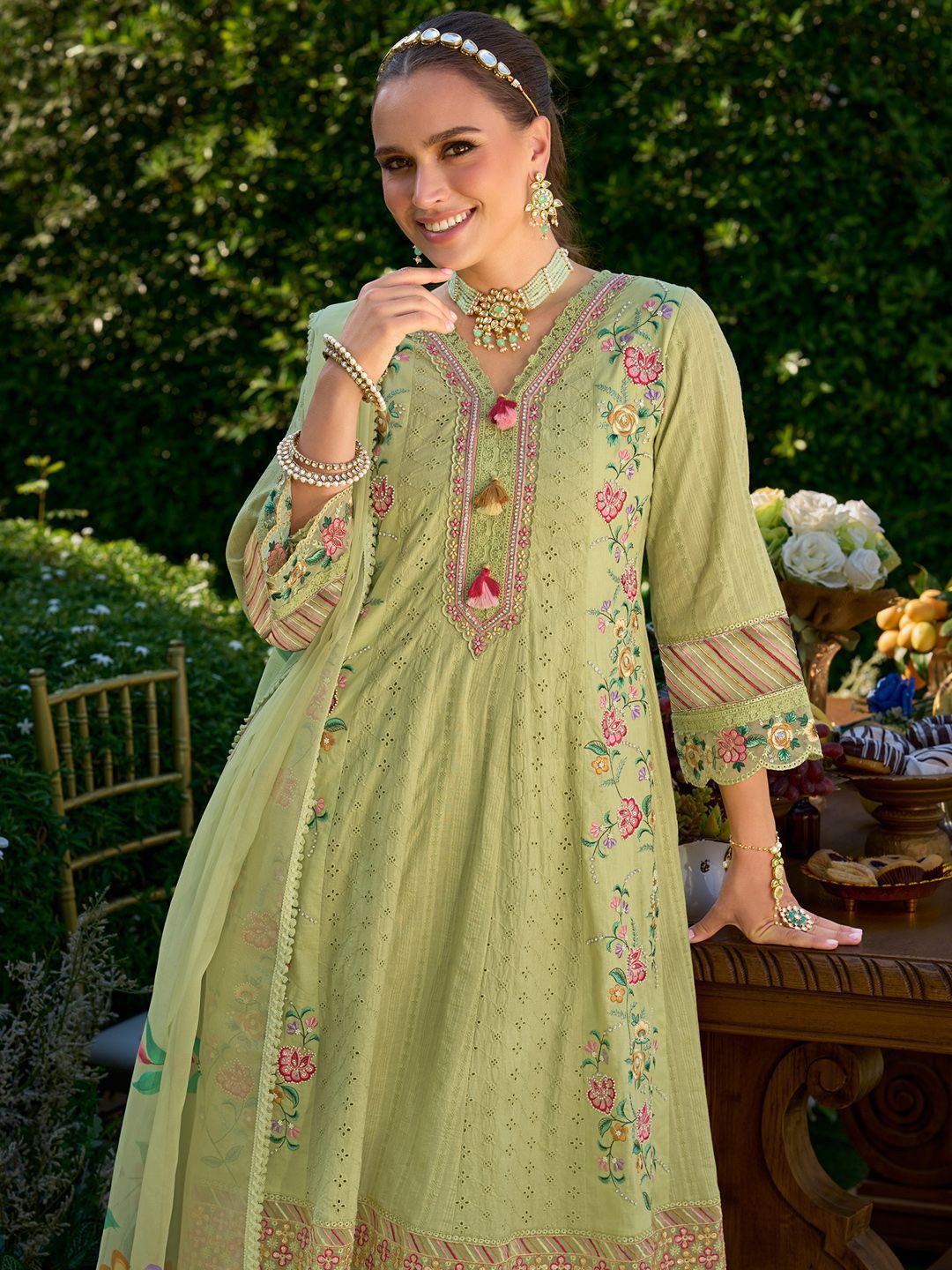 Women Floral Embroidered Cotton Kurta with Trousers & Dupatta