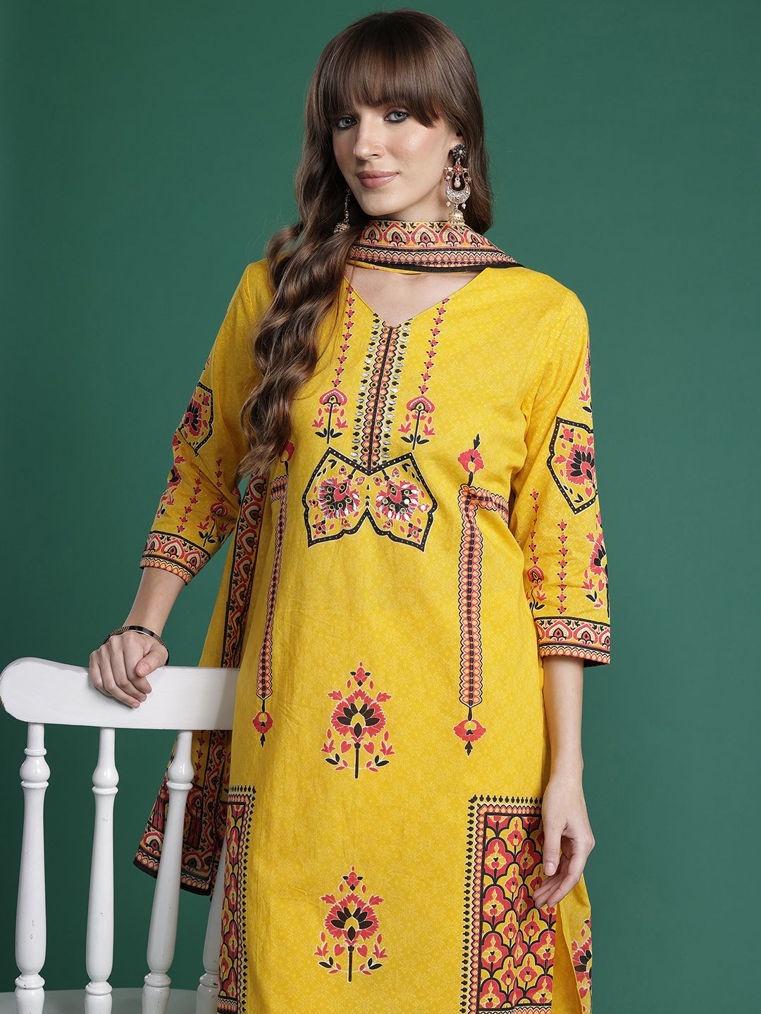 Dhiyona IE Ethnic Motifs Printed Mirror Work Pure Cotton Kurta with Trousers & With Dupatta