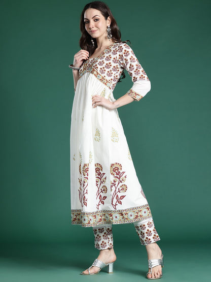 Floral Printed Empire Pure Cotton Kurta with Trousers & With Dupatta