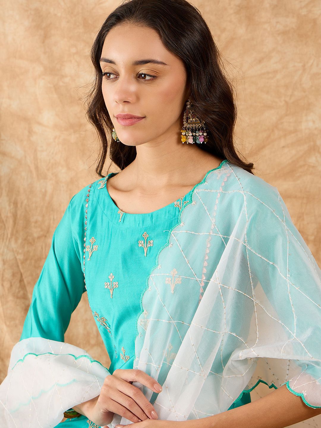 Ethnic Motifs Embroidered A-Line Sequinned Liva Kurta with Trousers & Dupatta