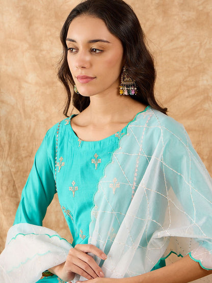 Ethnic Motifs Embroidered A-Line Sequinned Liva Kurta with Trousers & Dupatta