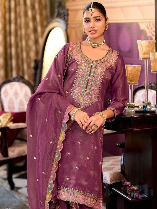 Floral Embroidered Sequinned Straight Kurta With Palazzos & Dupatta