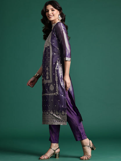 Dhiyona IE Women Ethnic Motifs Jacquard Zari Kurta with Trousers & With Dupatta