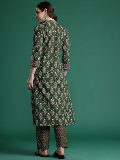 Dhiyona IE Ethnic Motifs Printed Pure Cotton Kurta with Trousers