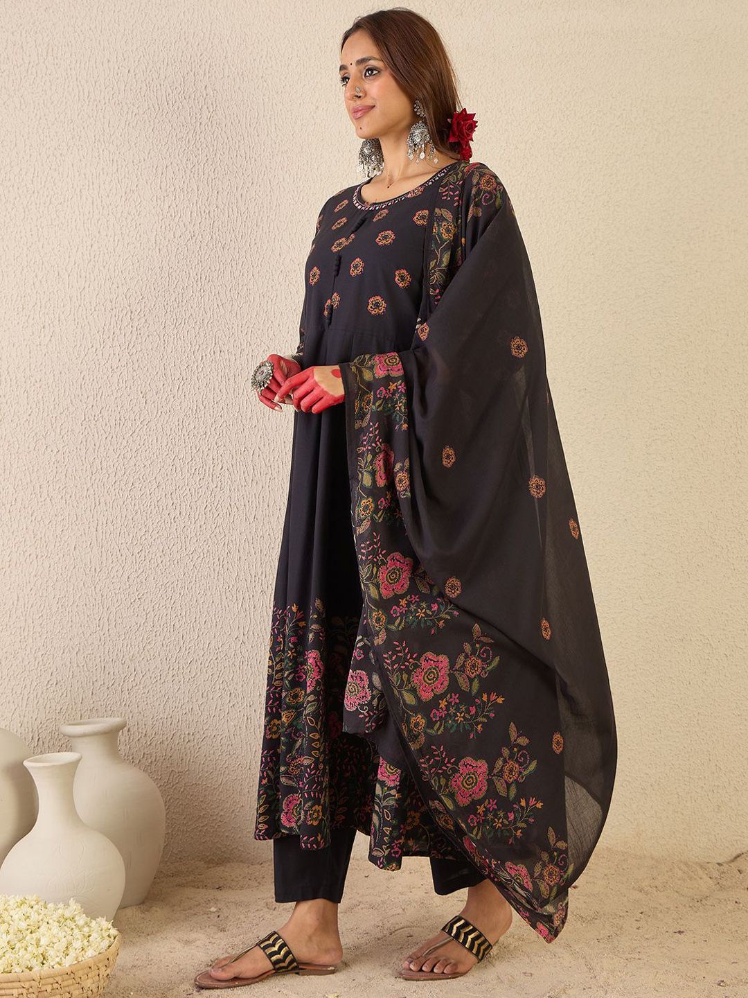 Floral Printed Round Neck Anarkali Pure Cotton Kurta With Trousers & With Dupatta
