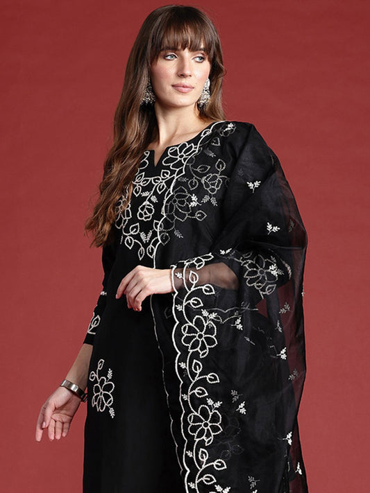 Dhiyona IE Floral Embroidered Thread Work Kurta With Trousers & Dupatta