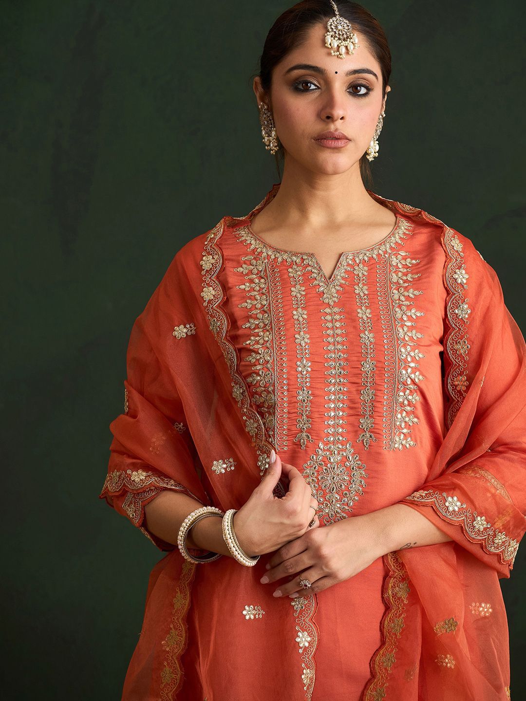 Dhiyona IE Ethnic Motifs Embroidered Gotta Patti Straight Kurta With Trousers & Dupatta