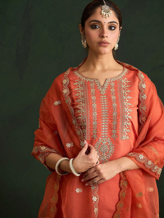 Dhiyona IE Ethnic Motifs Embroidered Gotta Patti Straight Kurta With Trousers & Dupatta