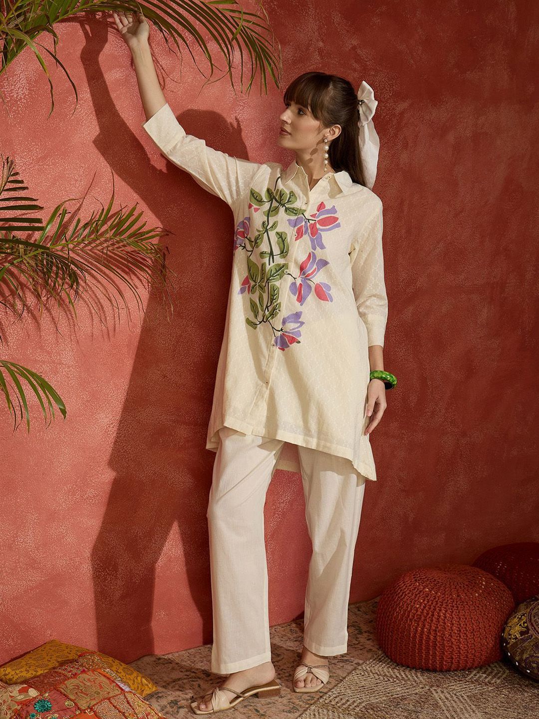 Dhiyona IE Printed Pure Cotton Shirt Collar Top With Trousers Co-Ords Set