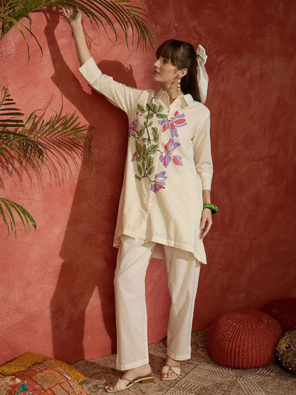 Dhiyona IE Printed Pure Cotton Shirt Collar Top With Trousers Co-Ords Set