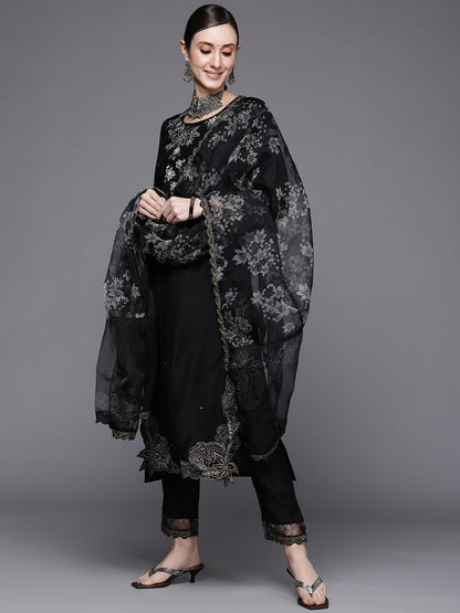 Dhiyona IE Women Black Floral Embroidered Beads Kurta with Trousers & Dupatta
