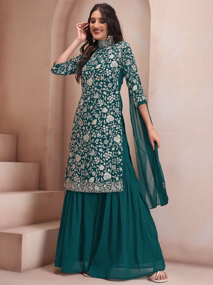 Dhiyona IN Floral Embroidered Regular Thread Work Kurta with Sharara & Dupatta