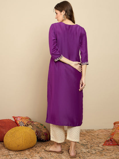 Dhiyona IE Ethnic Motifs Embroidered Notched Neck Thread Work Liva Straight Kurta