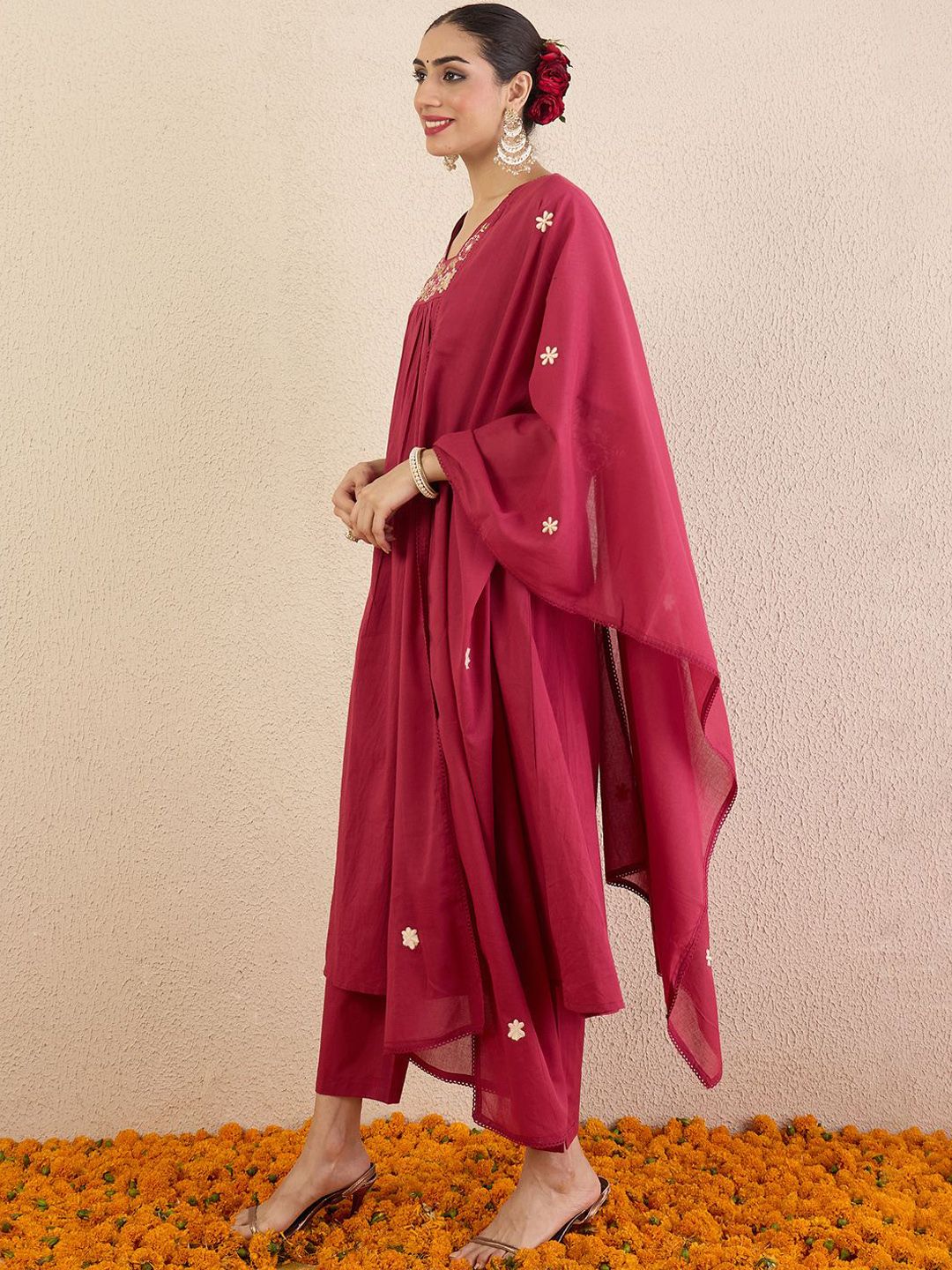 Women Regular Sequinned Pure Cotton Kurta with Trousers & Dupatta