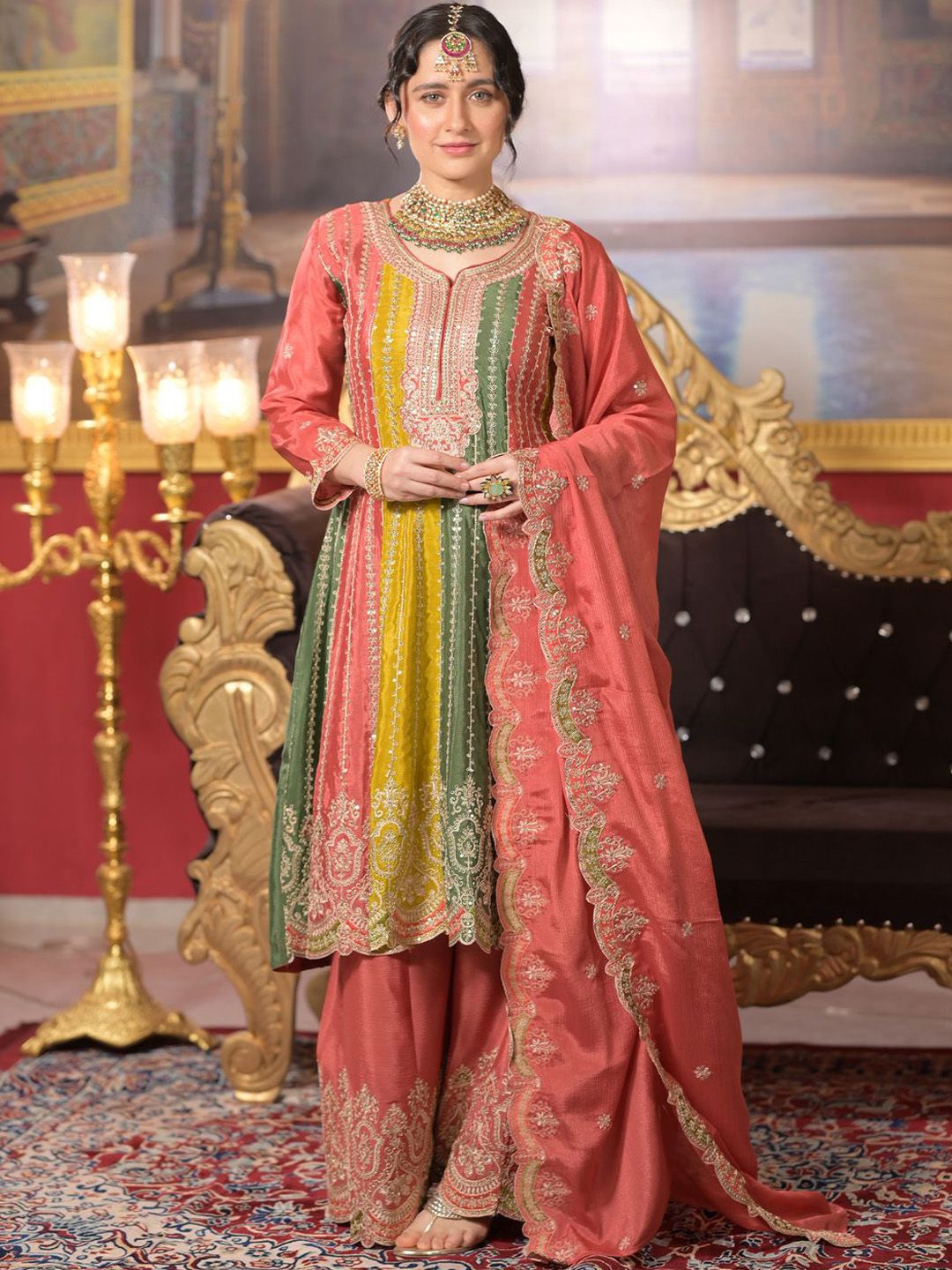 Dhiyona IE Ethnic Motifs Embroidered Panelled Sequinned A-Line Kurta With Palazzos & Dupatta