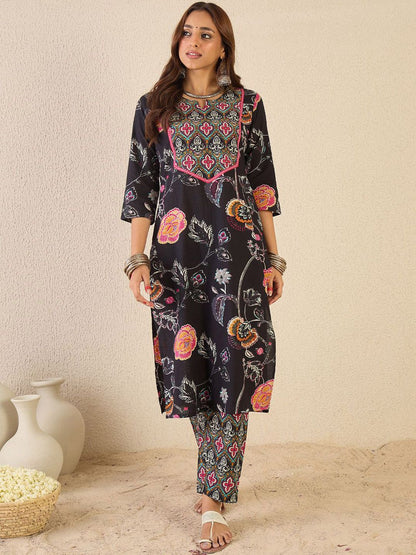 Floral Printed Notch Neck Pure Cotton Straight Kurta With Trousers