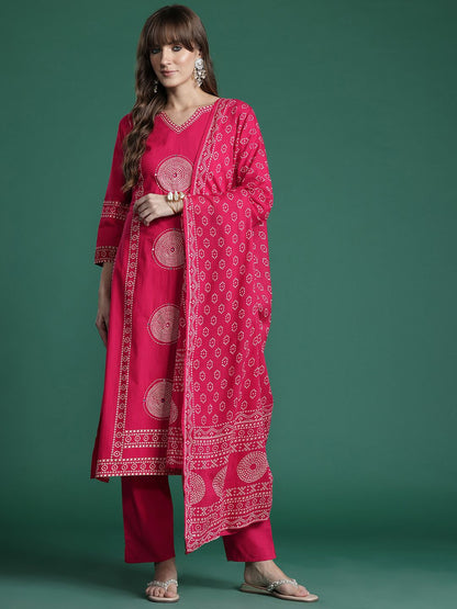 Dhiyona IE Ethnic Motifs Printed Panelled Pure Cotton Kurta with Trousers & With Dupatta