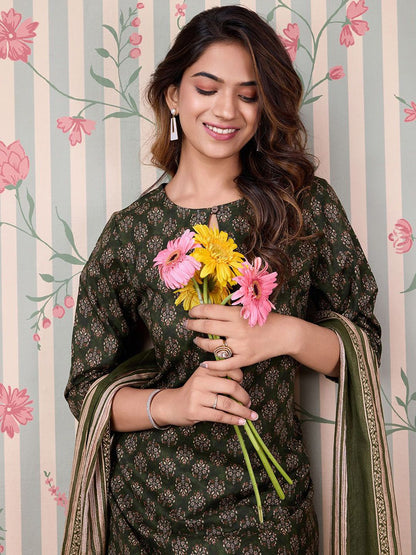 Dhiyona OD  Floral Printed Regular Pure Cotton Kurta with Trousers & Dupatta