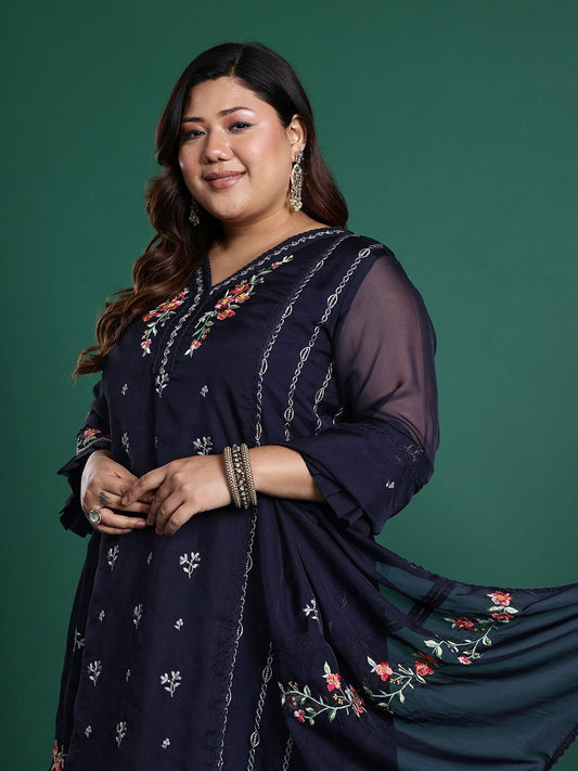 Dhiyona IE Plus Size Floral Embroidered Panelled Thread Work Kurta With Trousers & Dupatta