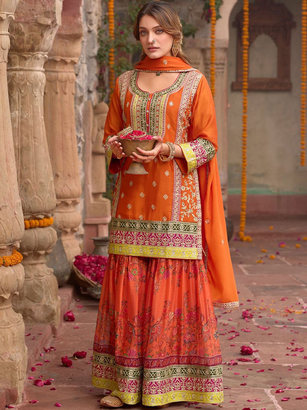 Dhiyona IE Floral Embroidered Sequinned Chinon Straight Kurta With Sharara & Dupatta