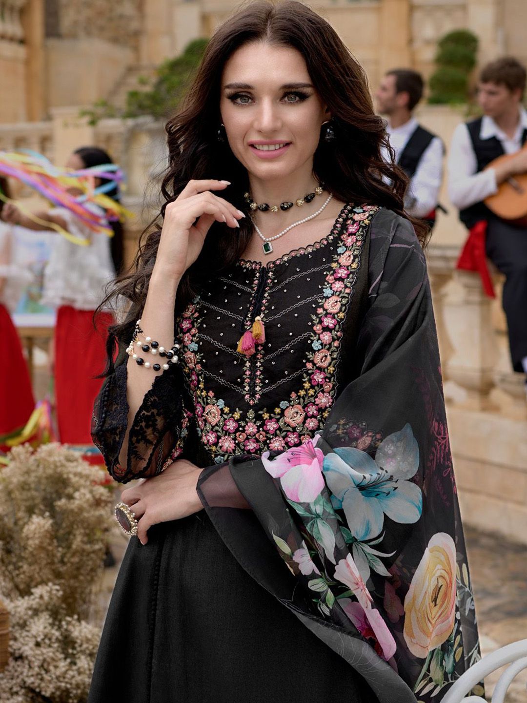 Floral Yoke Design Thread Work A-Line Kurta With Trousers & Dupatta