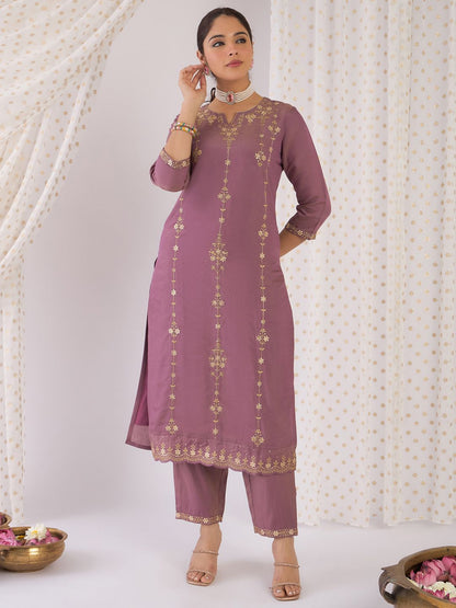 Dhiyona IE Floral Embroidered Notch Neck Zari Straight Kurta With Trouser And Dupatta
