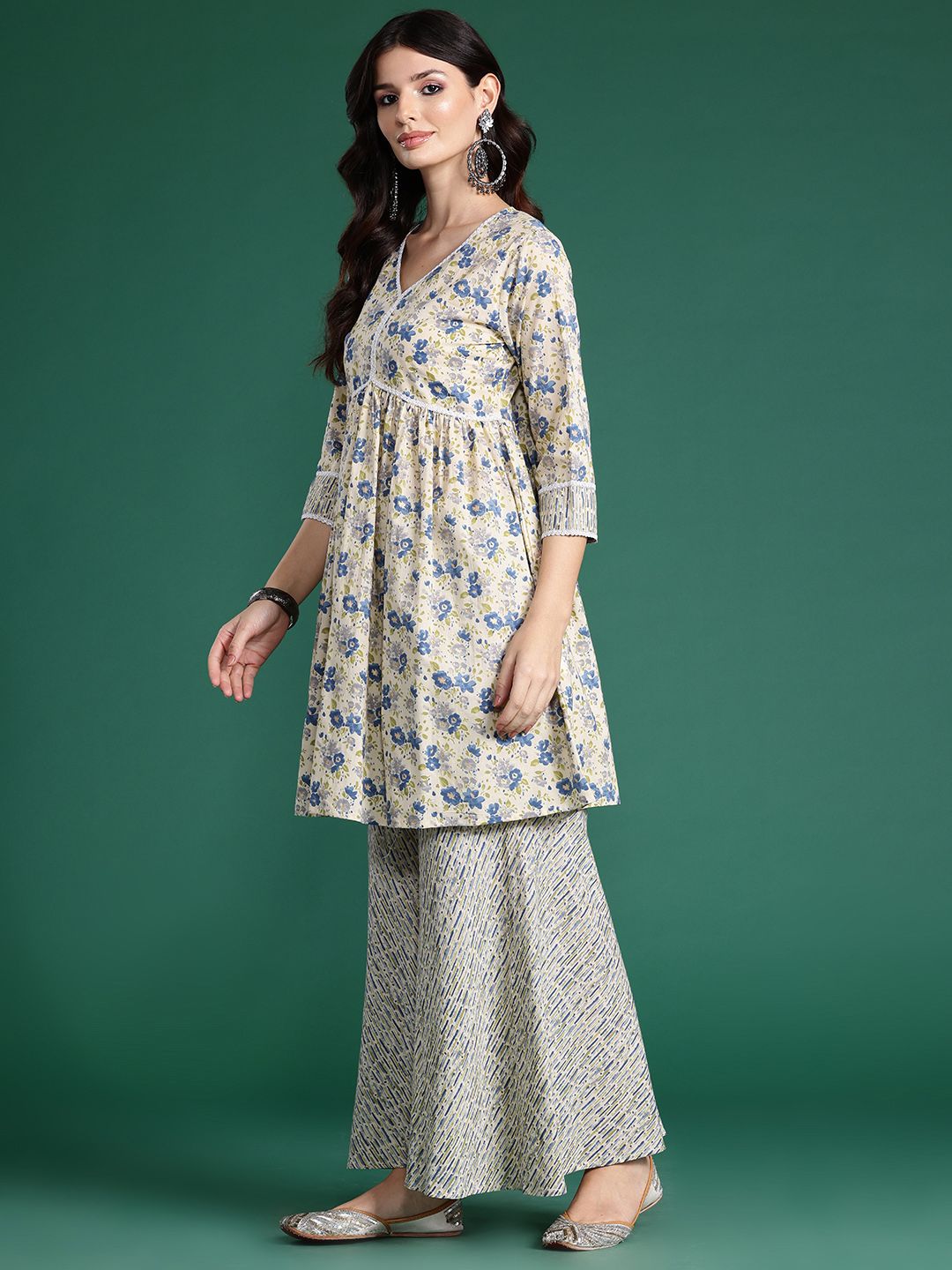 Dhiyona IE Floral Printed Empire Pure Cotton Kurta with Sharara & With Dupatta