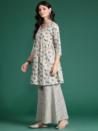 Dhiyona IE Floral Printed Empire Pure Cotton Kurta with Sharara & With Dupatta