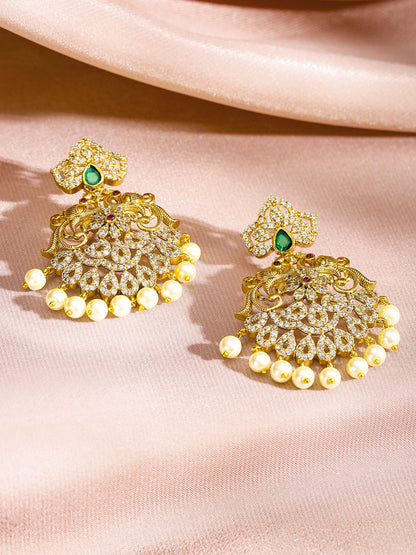 Dhiyona RJ Women's 24K Gold Plated Emerald Ruby & Cubic Zirconia Studded Pearl Drop Jewelry Set