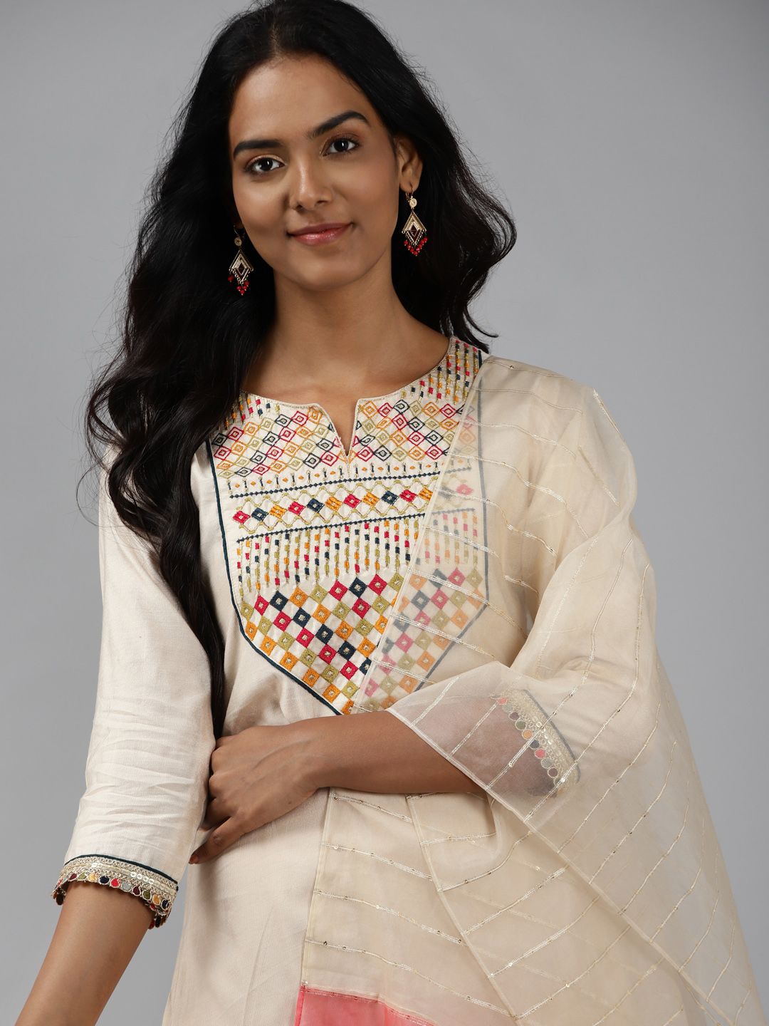 Women Off White Ethnic Motifs Yoke Design Regular Liva Kurta with Palazzos & With Dupatta