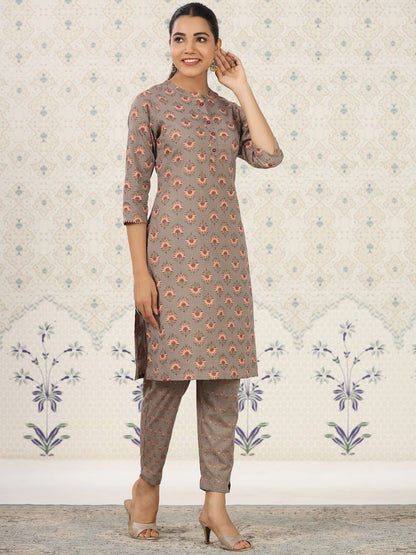 Dhiyona OD  Floral Printed Band Collar Pure Cotton Kurta with Trousers