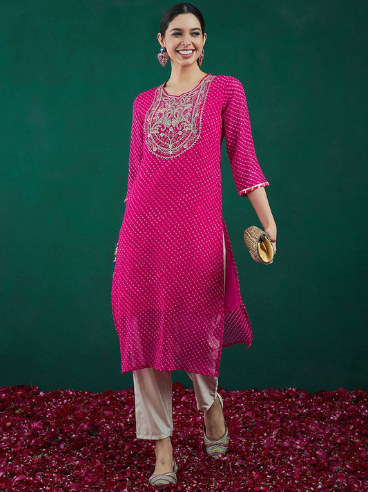 Dhiyona IE Ethnic Motifs Printed Sweetheart Neck Georgette Sequins Straight Kurtas