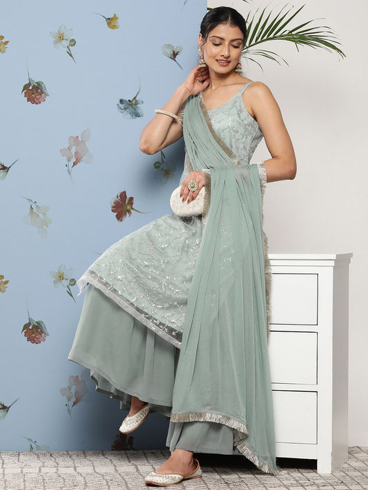 Dhiyona VA Women Floral Embroidered Sequinned Kurta With Sharara & Dupatta