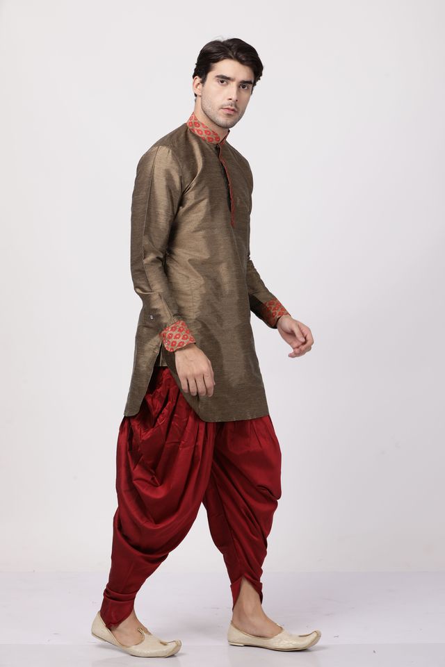 Men's Maroon Silk Blend Pathani Kurta and Dhoti Set