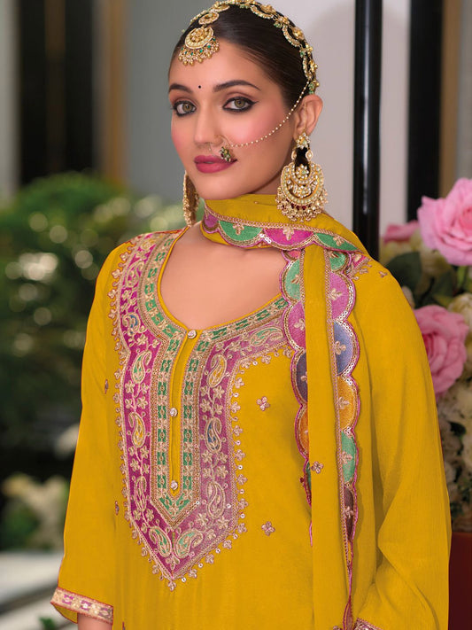 Dhiyona IE Ethnic Motifs Embroidered Round Neck Zari Straight Kurta With Palazzos & Dupatta