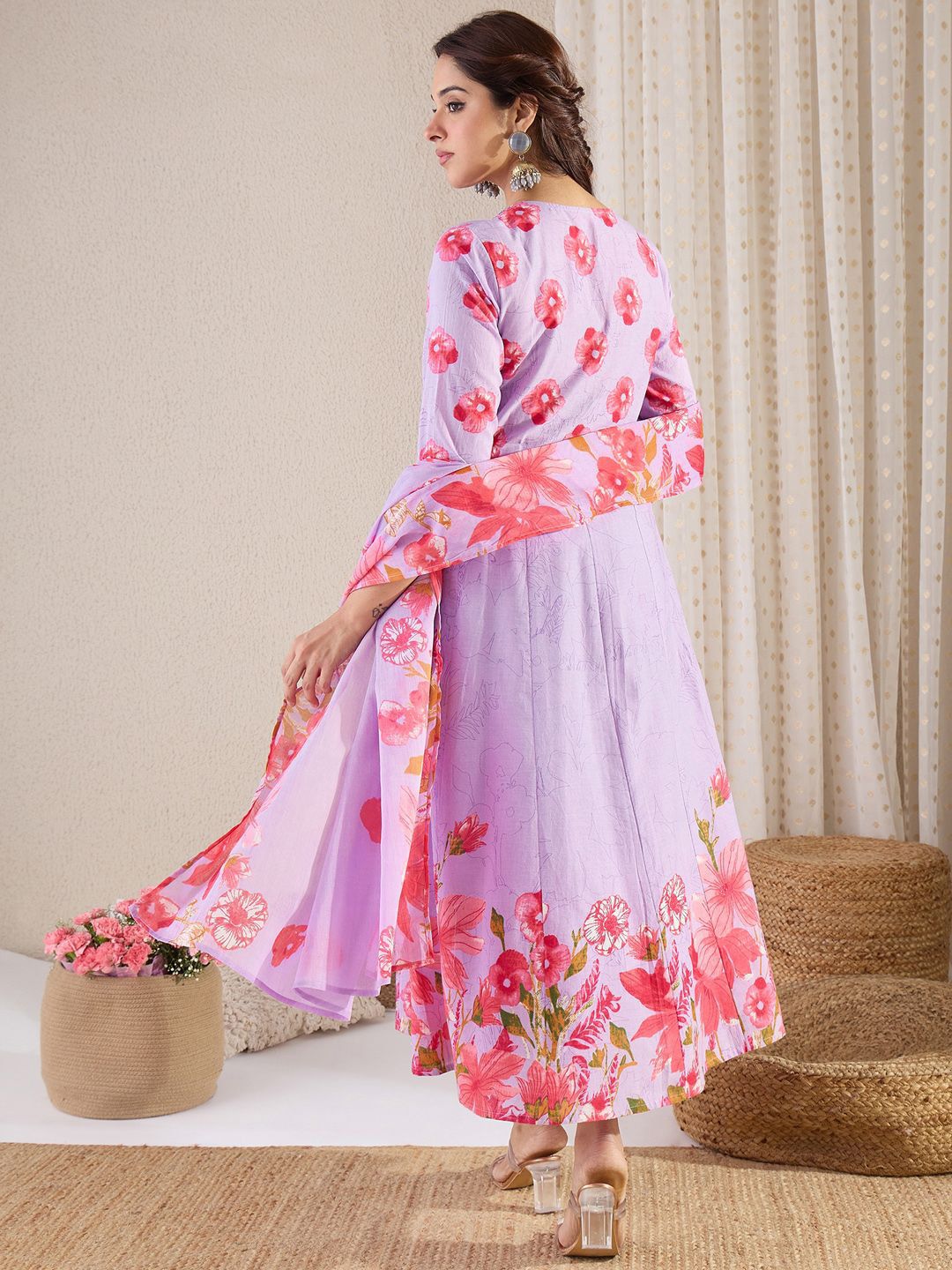 Women Floral Printed Cotton Kurta with Trousers & Dupatta